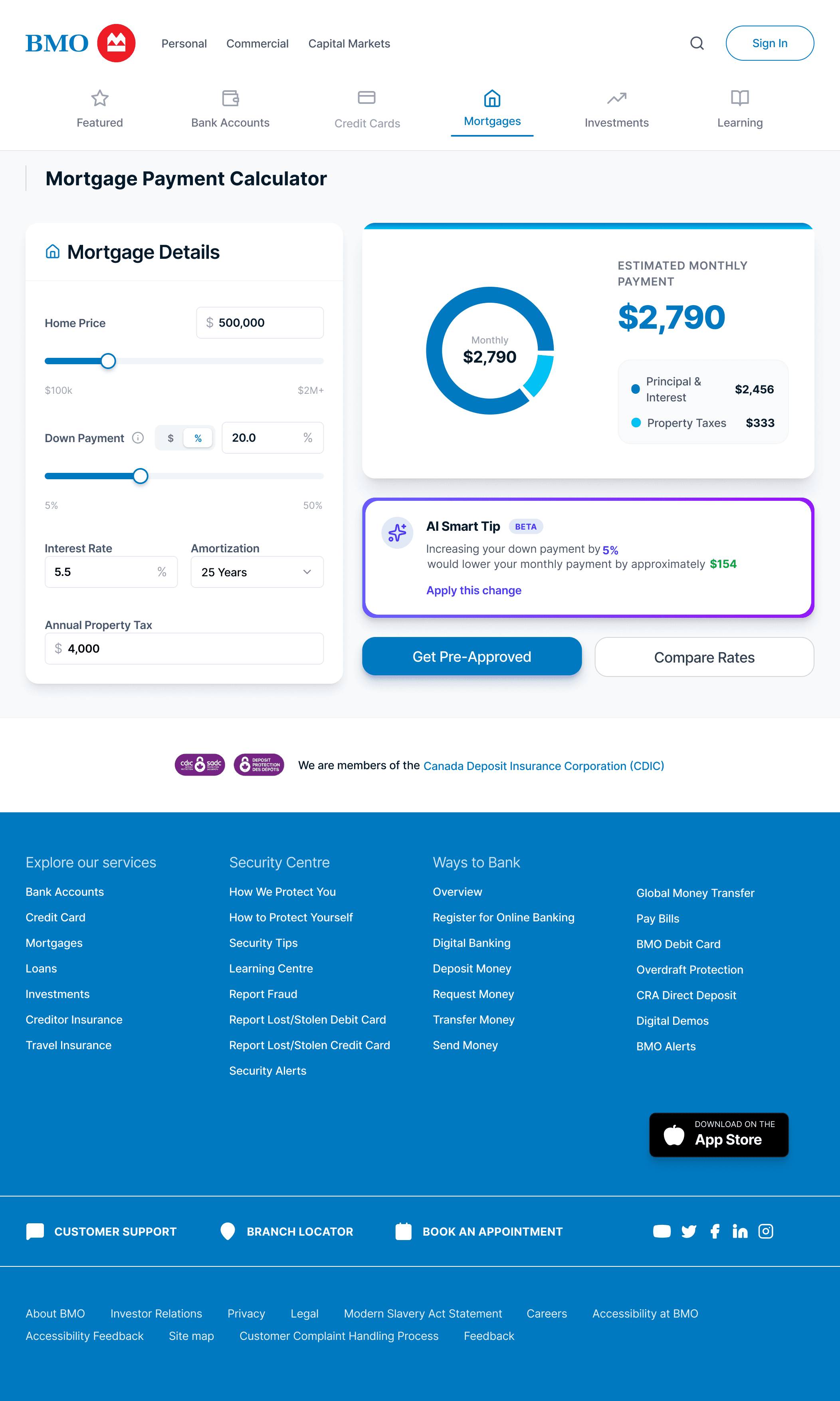 Concept for a BMO mortgage calculator that keeps the estimated monthly payment beside the inputs