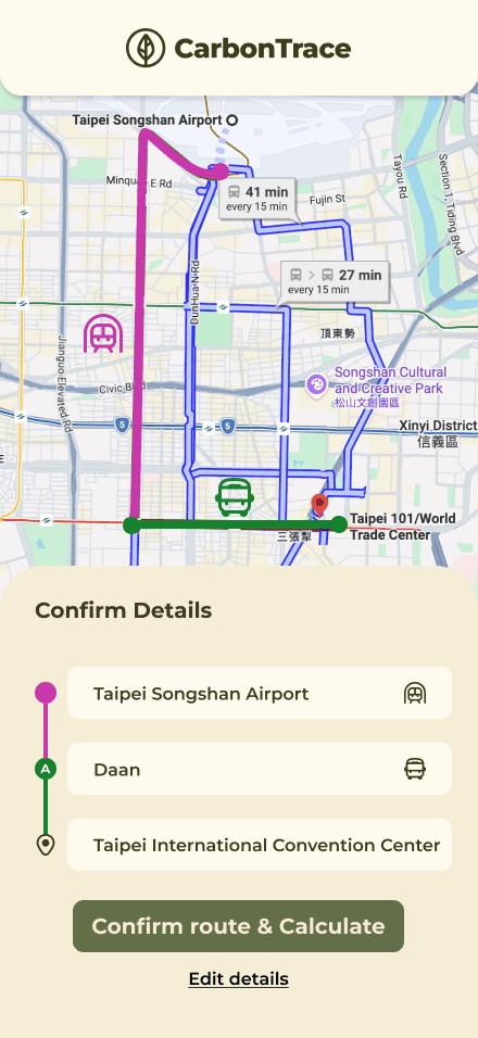 Redesigned mobile route confirmation screen with an editable itinerary