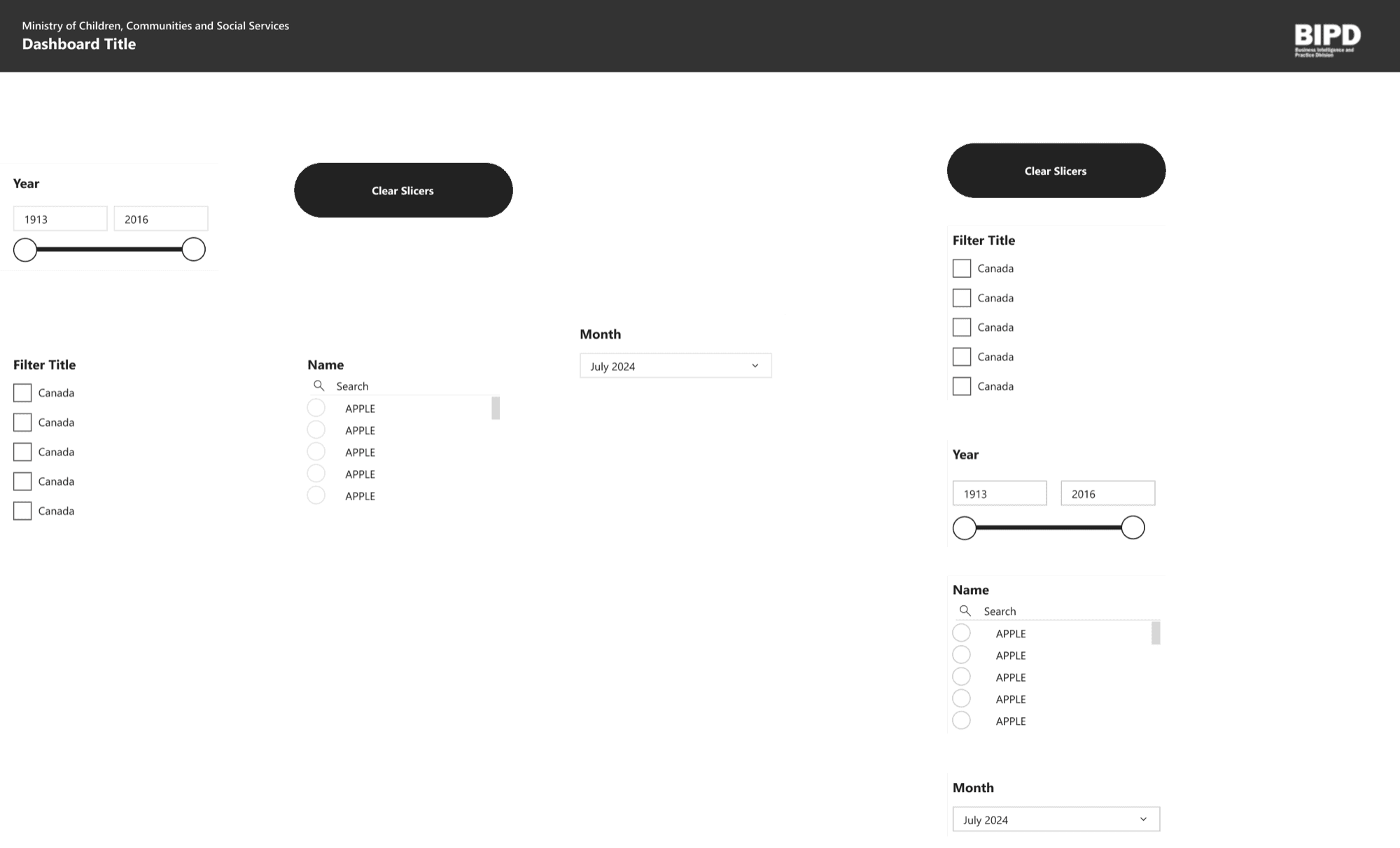 Power BI component sheet showing reusable filter, slicer, search, date-range, dropdown, and clear-filter patterns